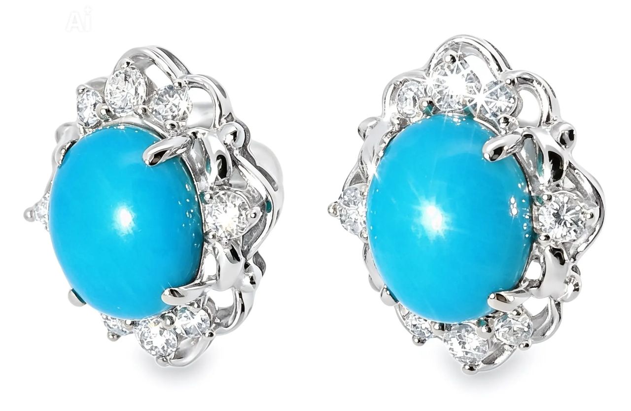 18K White Gold Turquoise Diamond Stud Earrings