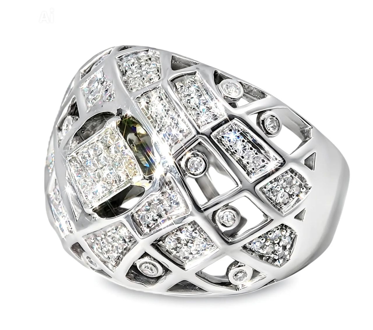14K White Gold Diamond Designer Dome Fashion Cocktail Band Ring