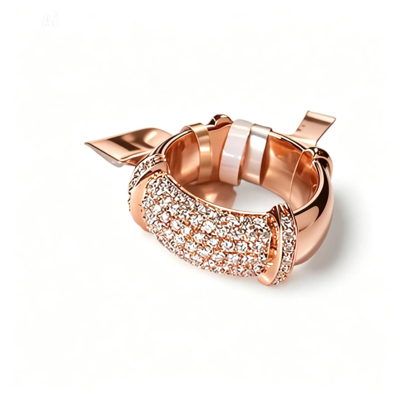 18K Pink Gold Pave Diamond Wide Designer Enamel Band Ring