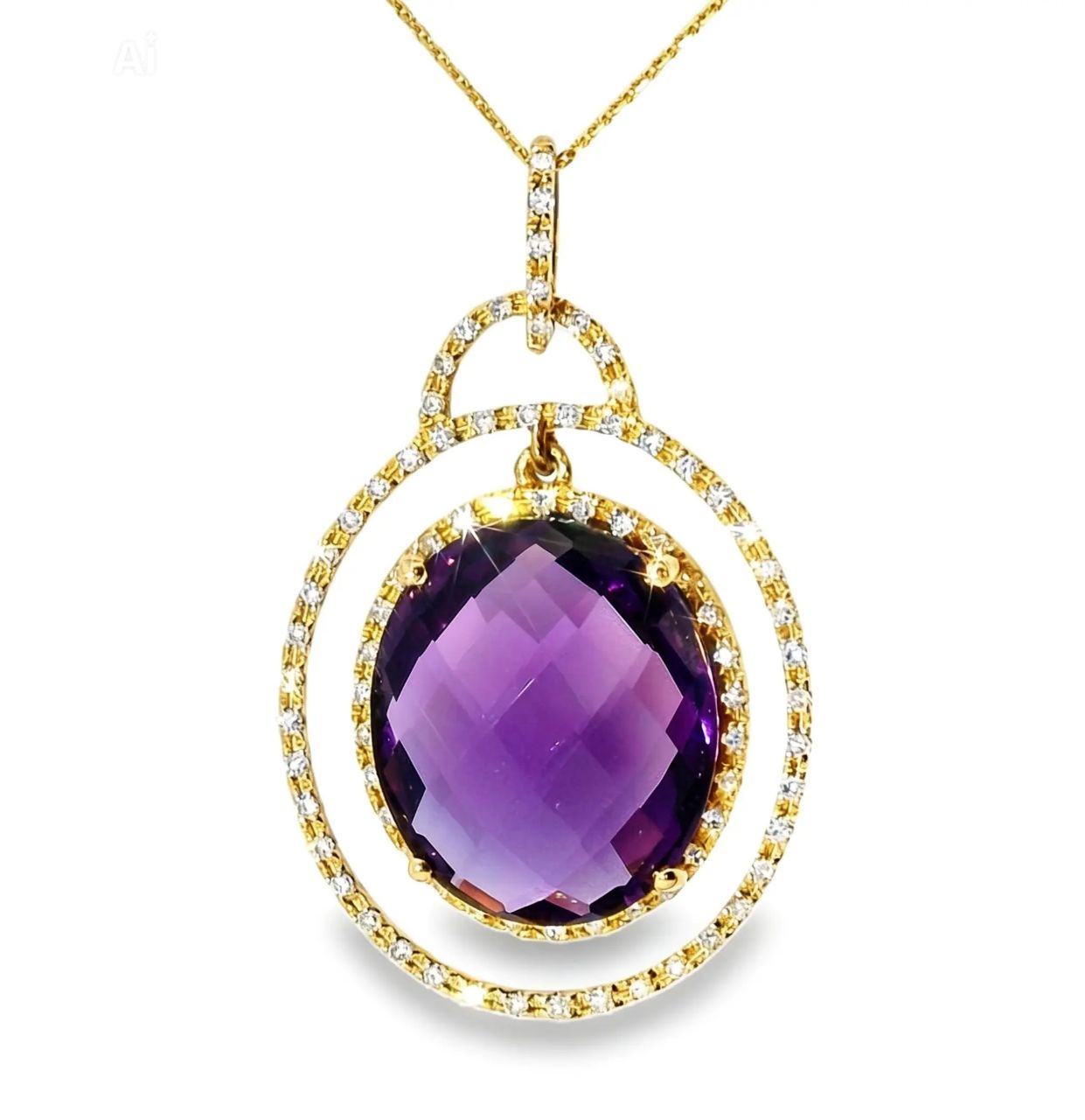 14K Yellow Gold Amethyst Diamond Drop Pendant Necklace