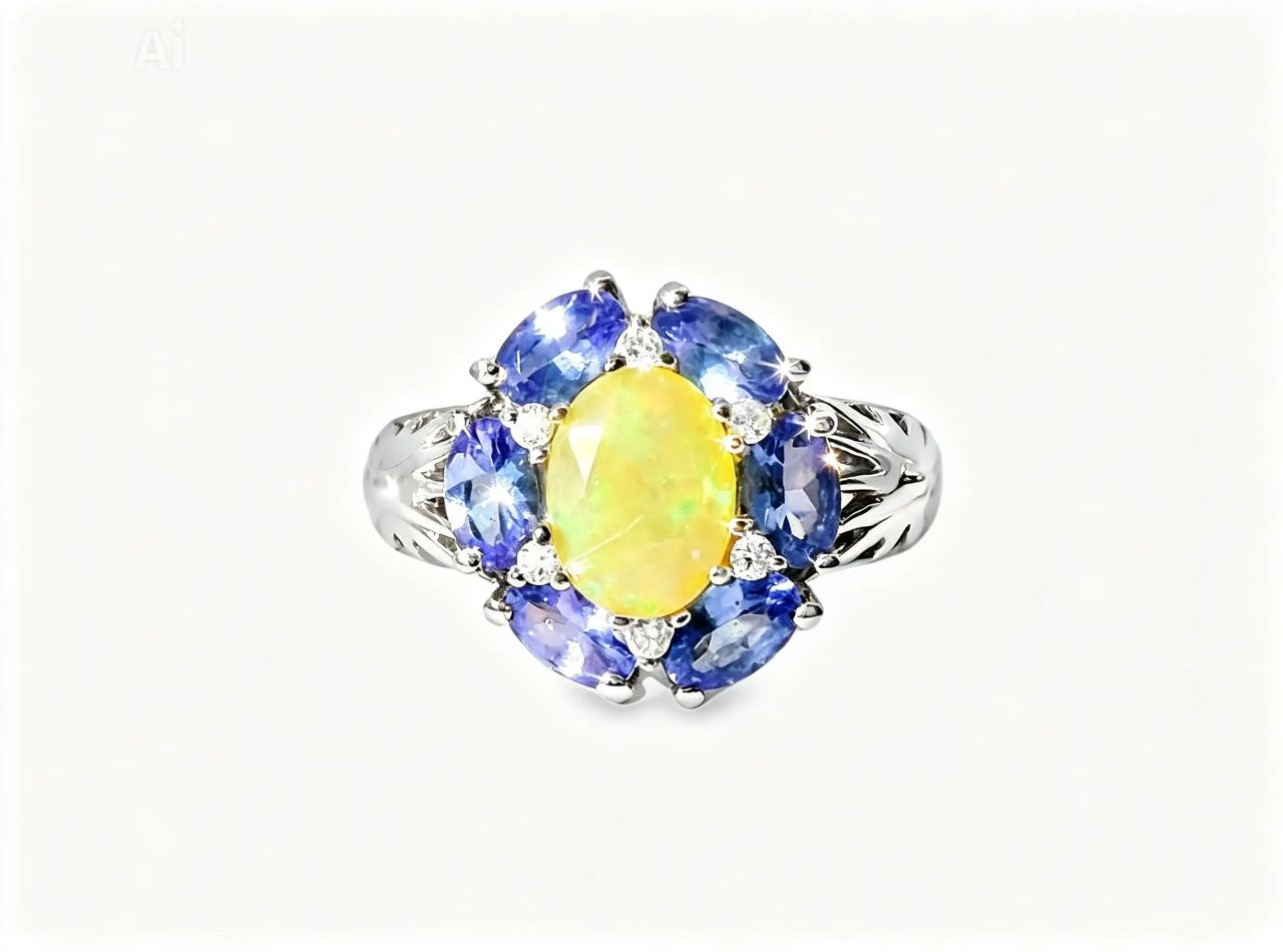 14K White Gold Diamod Tanzanite Opal Filigree Ring