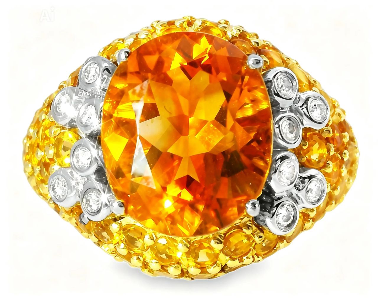 14K Yellow Gold Huge Orange Citrine Diamond Designer Ring