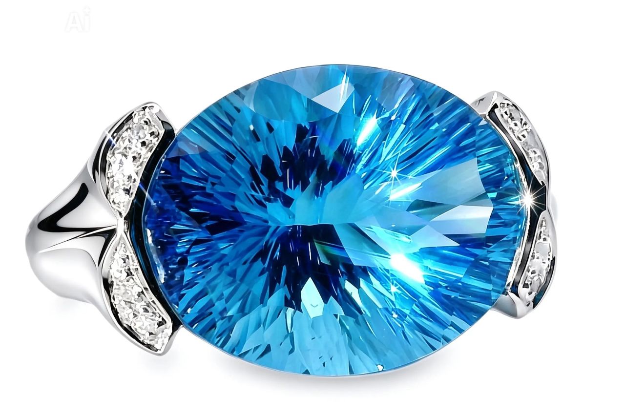 14K White Gold Huge Blue Topaz Diamond Ring