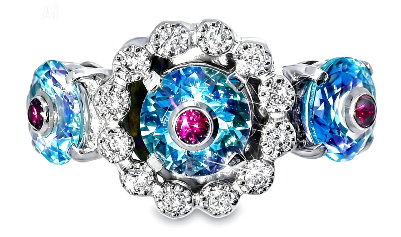 18K White Gold Aquamarine Pink Tourmaline Diamond Ring Band