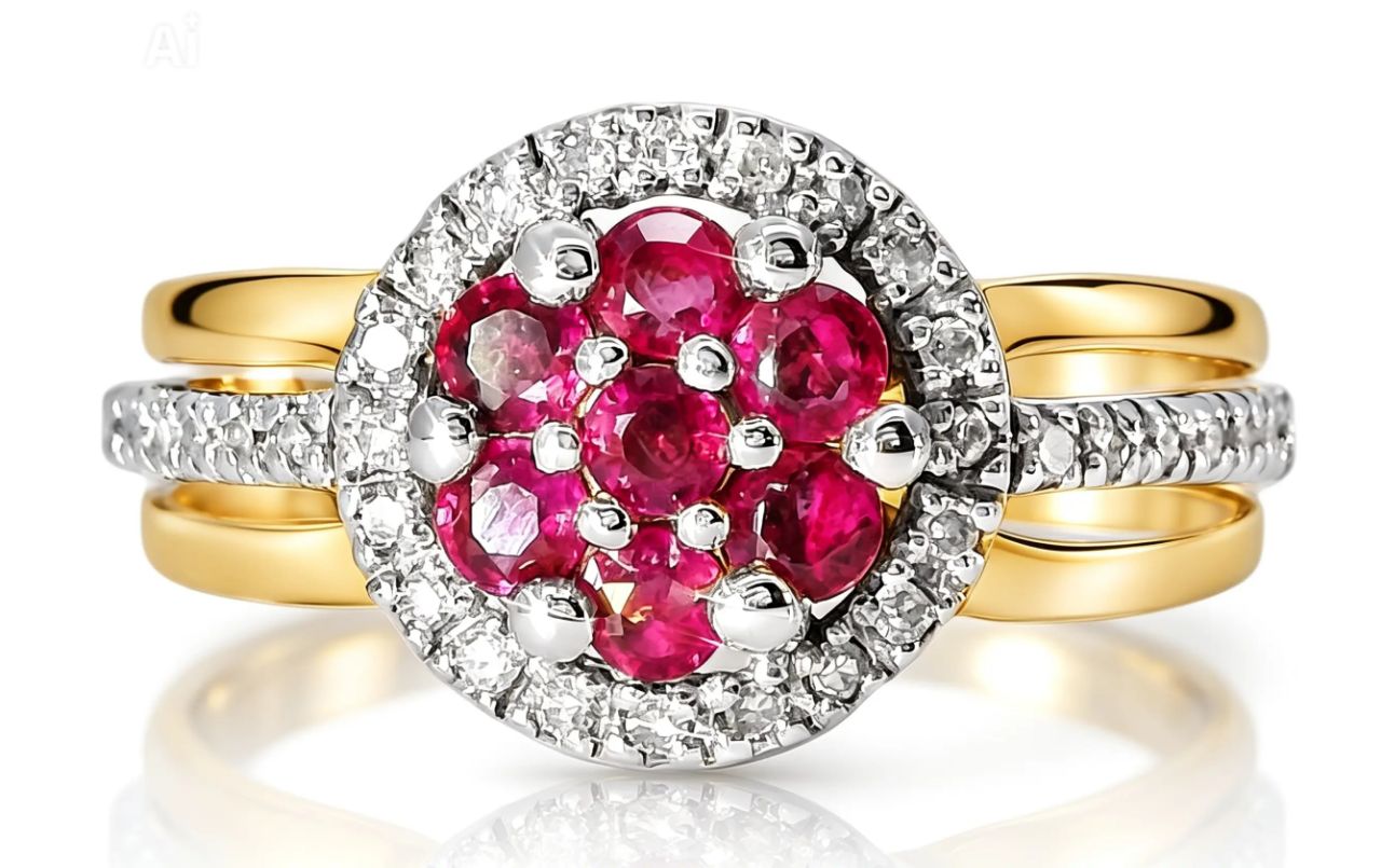 14K Two Tone Gold Ruby Diamond Floral Ring Band