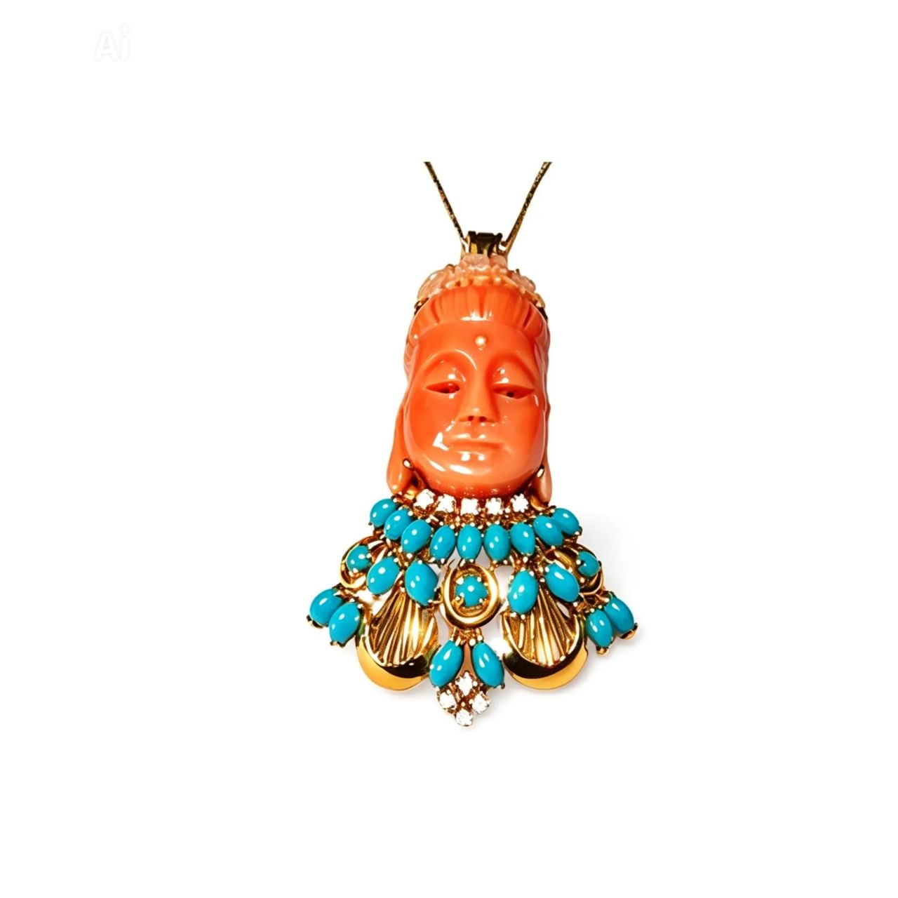18K Yellow Gold Carved Coral Diamond Turquoise Brooch Pin Pendant