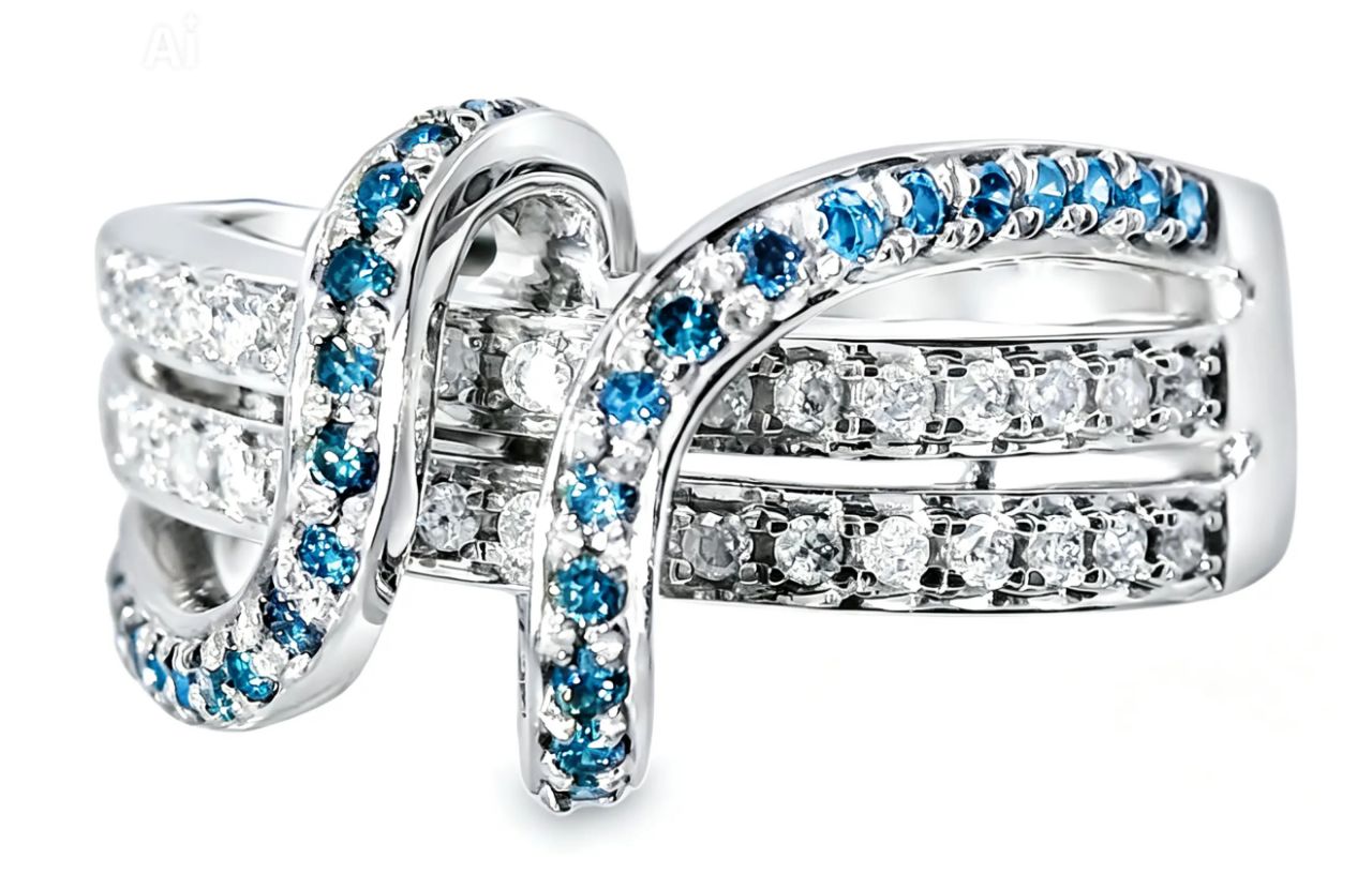 14K White Gold Blue White Diamond Swirl Band Ring