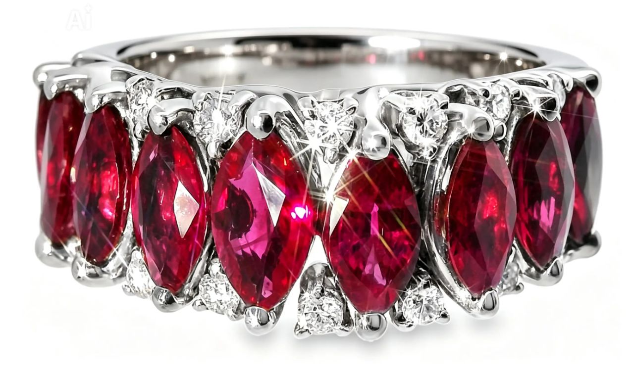 18K White Gold Ruby Diamond Wedding Ring Band