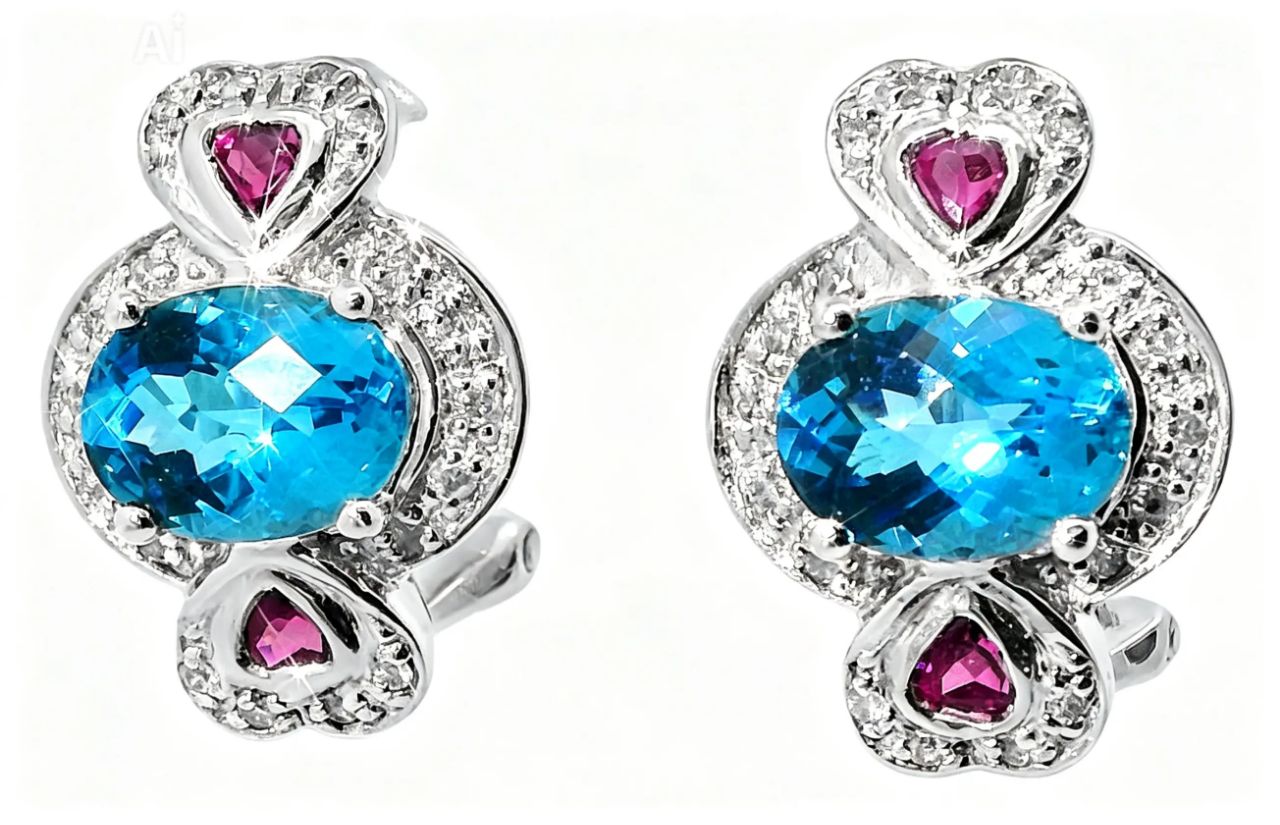 14K White Gold Blue Topaz Garnet Diamond Heart Earrings