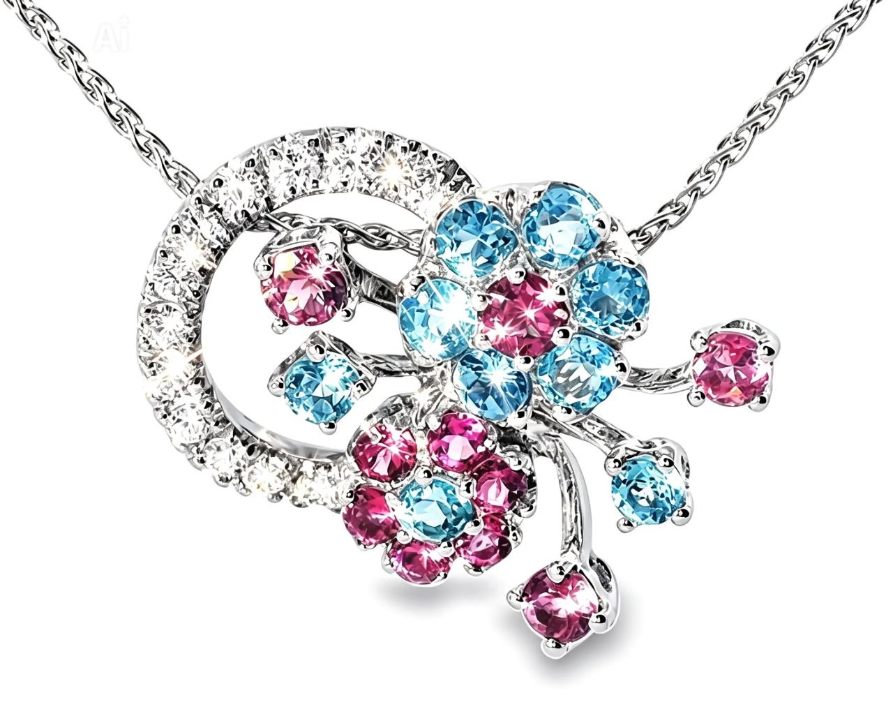 18K White Gold Tourmaline Topaz Diamond Floral Necklace