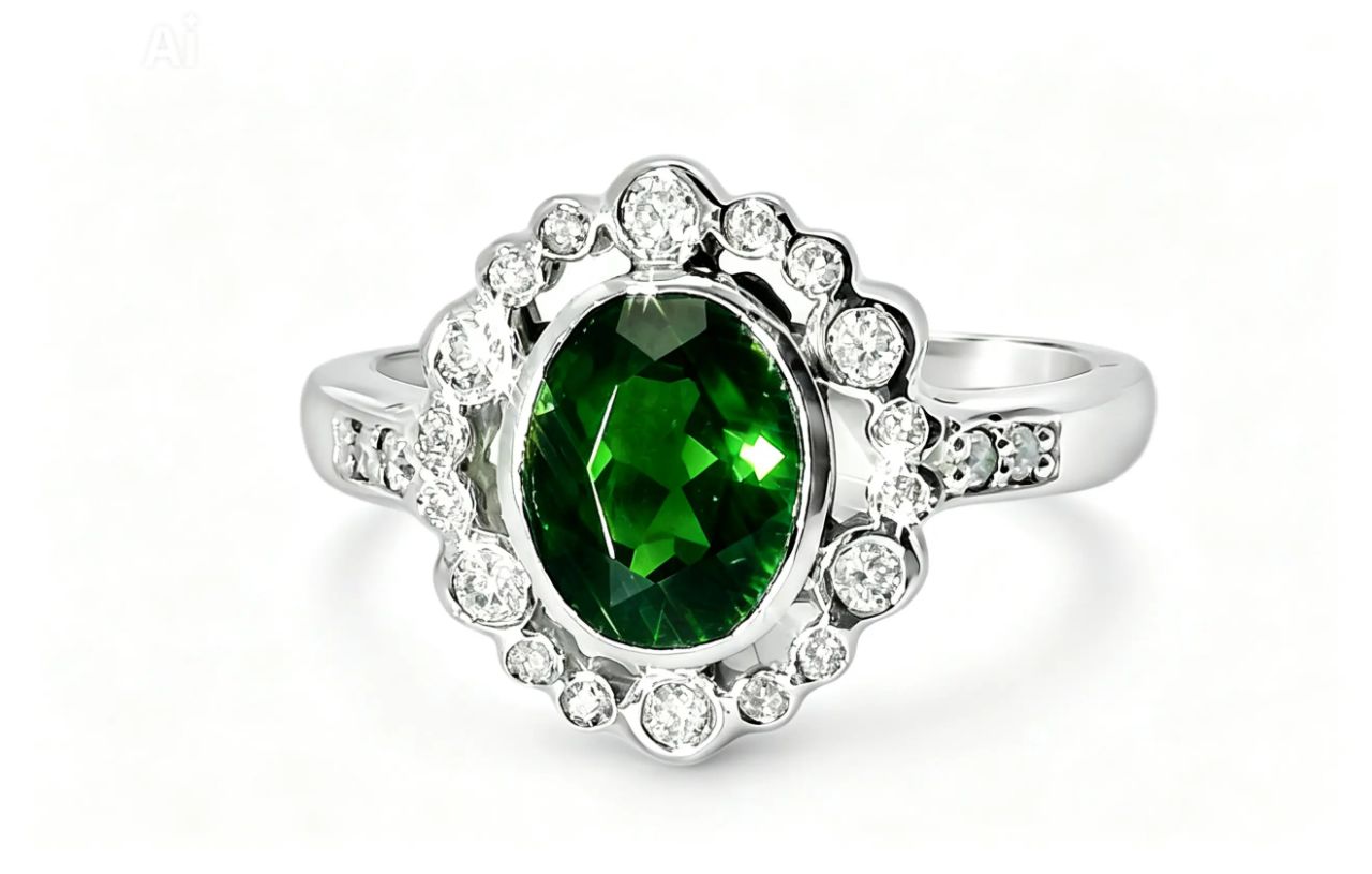 14K White Gold Green Tourmaline Diamond Ring