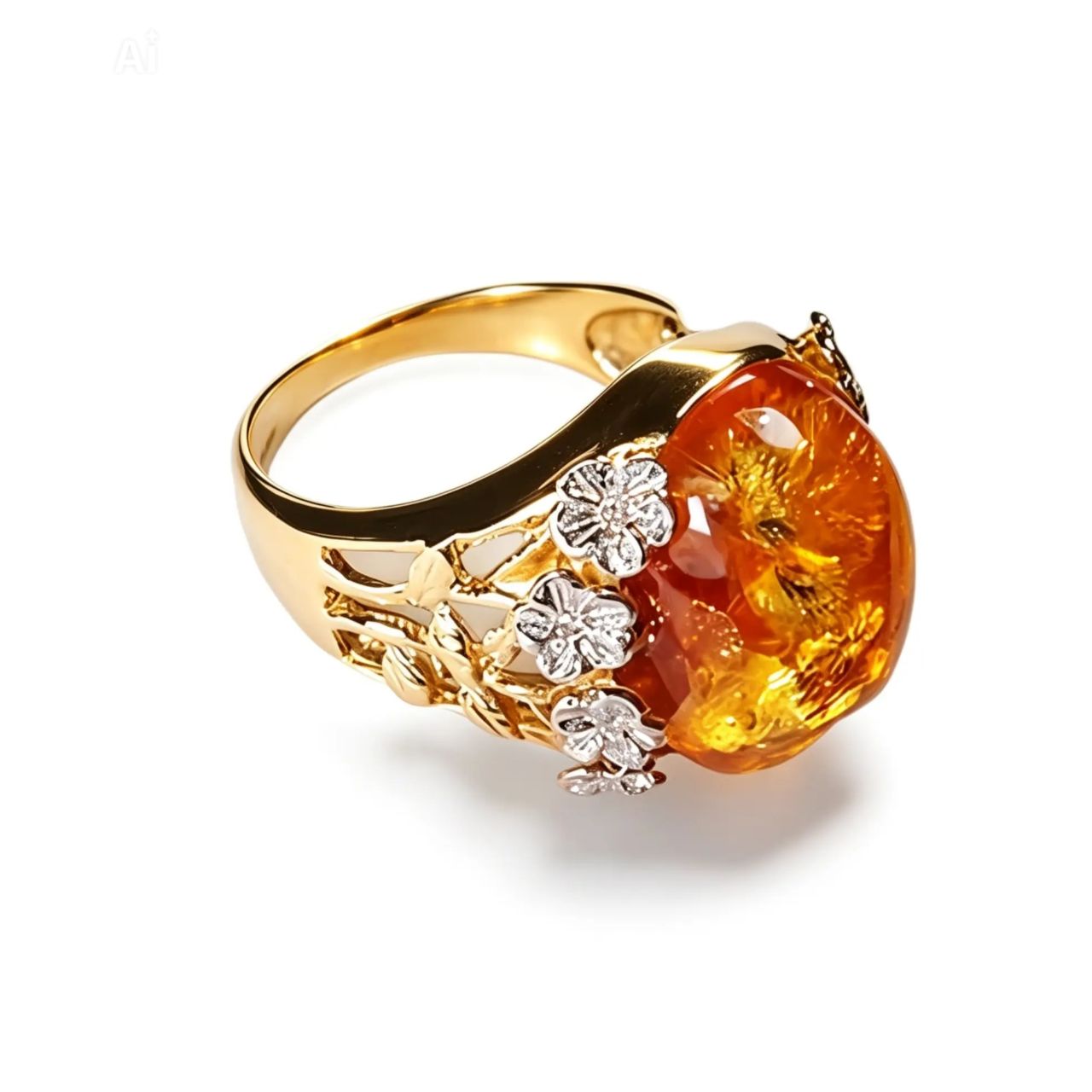14K Two Tone Gold Cabochon Amber Diamond Floral Ring Band