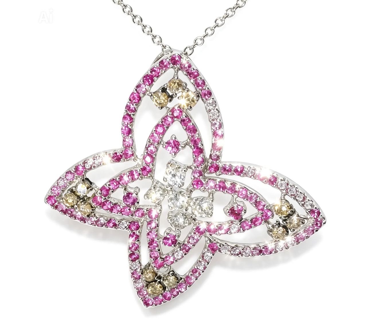 14K White Gold Sapphire Champagne Diamond Butterfly Pendant
