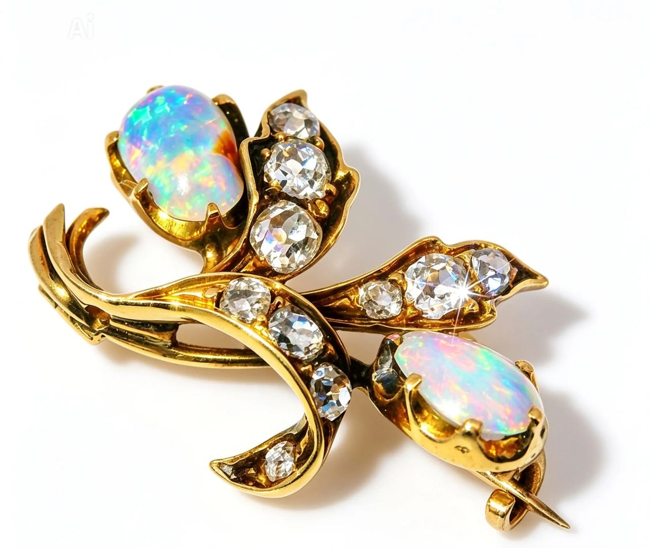 14K Yellow Gold Opal Rose Cut Diamond Pendant Brooch Pin