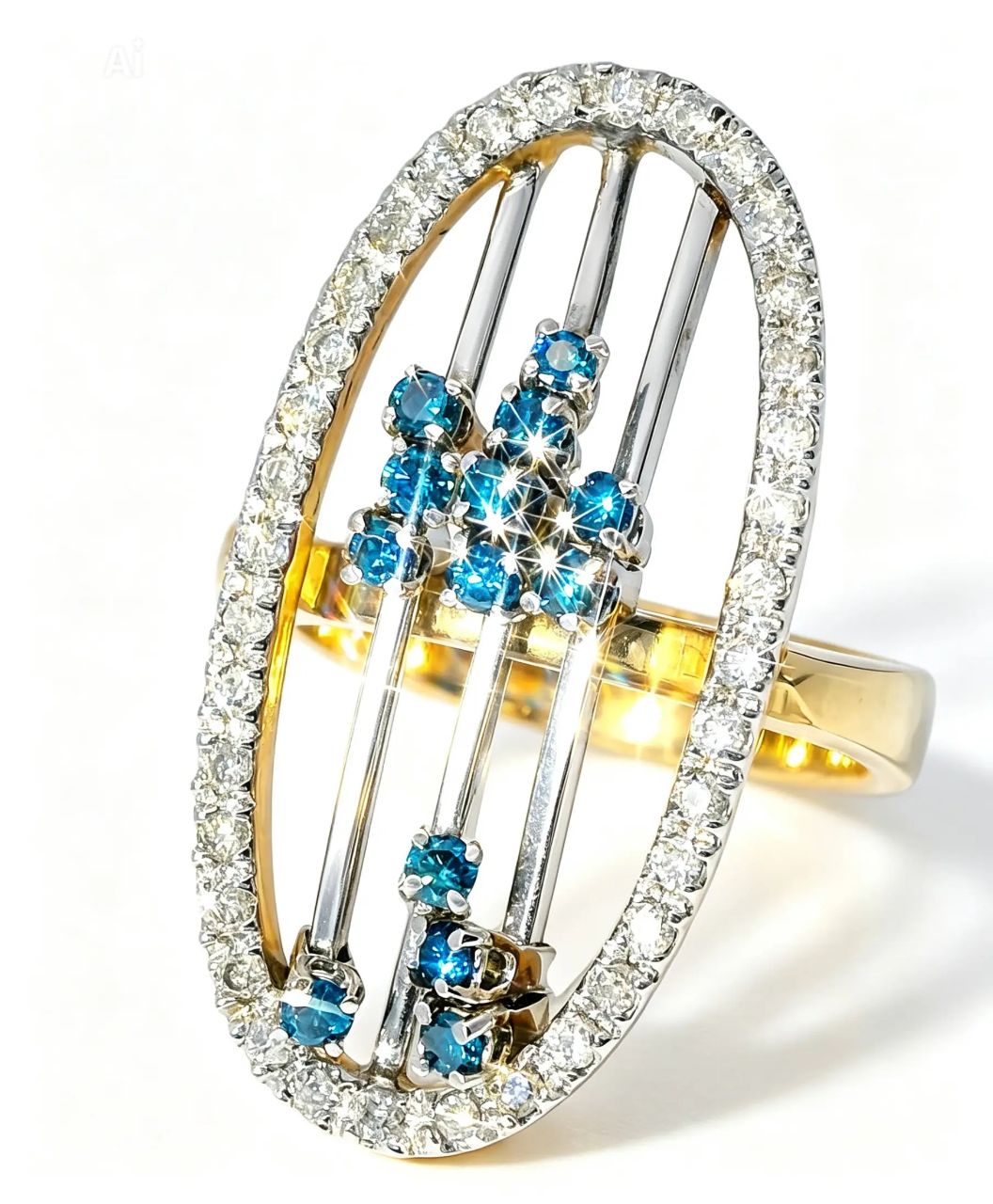 14K Yellow Gold Blue Sliding Diamond Movable Cocktail Ring