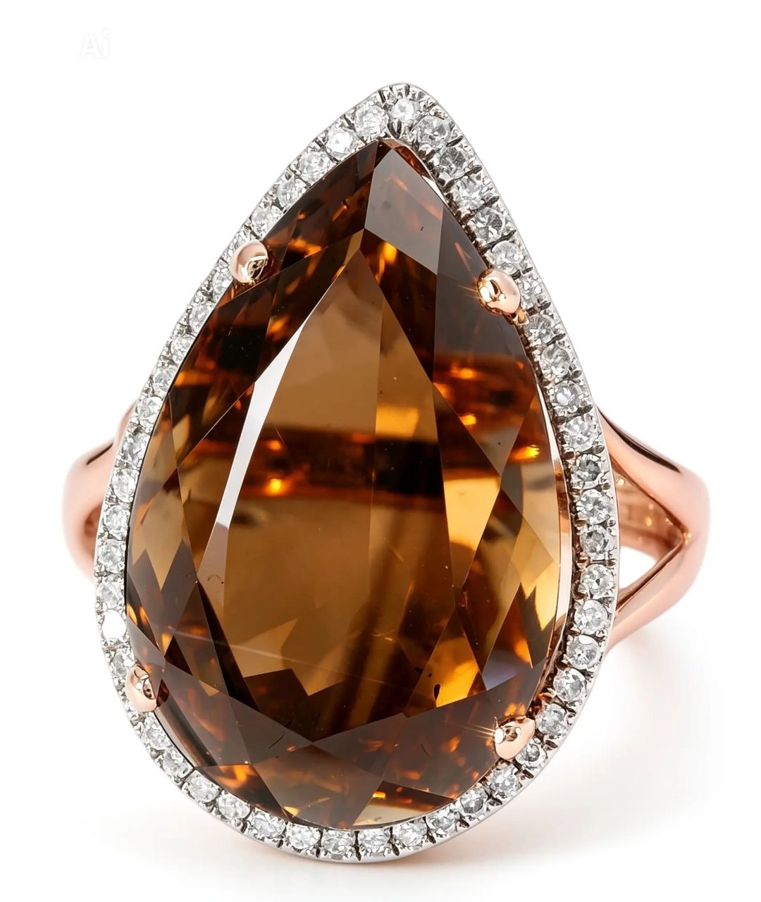 14K Pink Rose Gold Smokey Topaz Brown Quartz MicroPave Diamond Ring