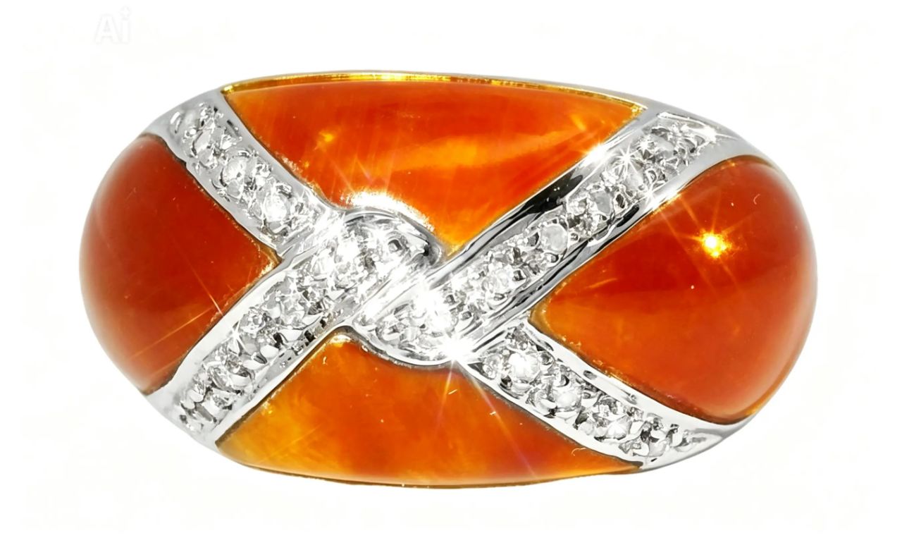 14K Yellow Gold Designer Red Carnelian X Diamond Band Ring