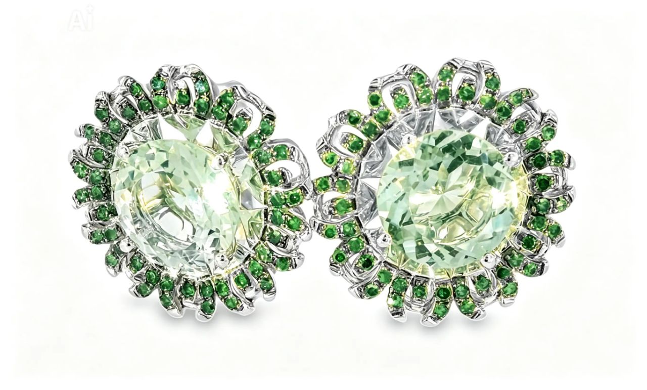 14K White Gold Green Amethyst Diamond Sunflower Earrings