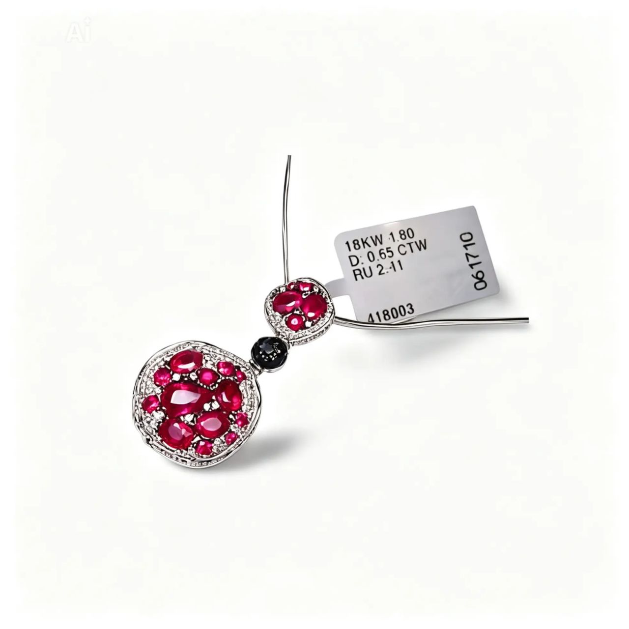 18K White Gold Ruby Black Diamond Pendant Necklace