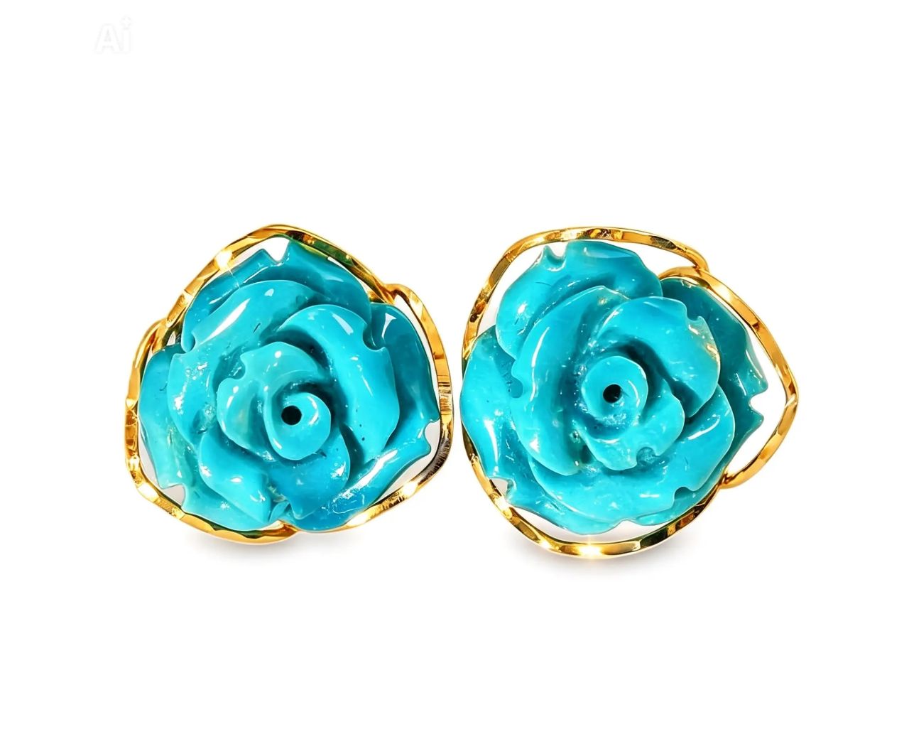 18K Yellow Gold Turquoise Floral Flower Carved Earrings