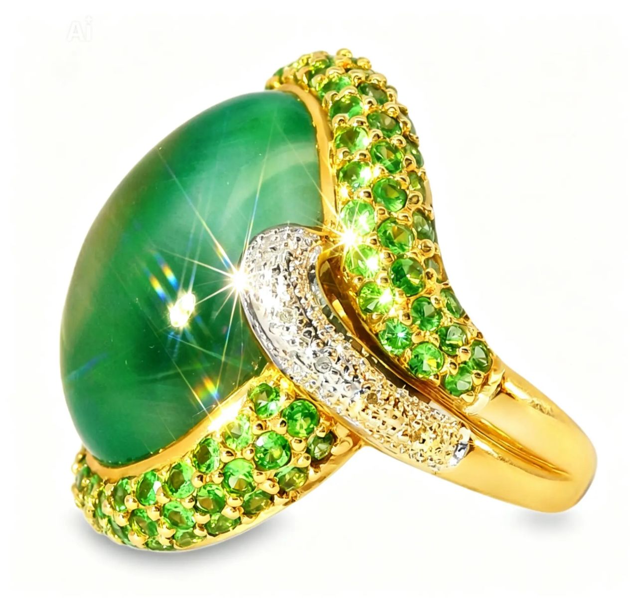 14K Gold Cabochon Green Amethyst Tsavorite Pave Diamond Ring