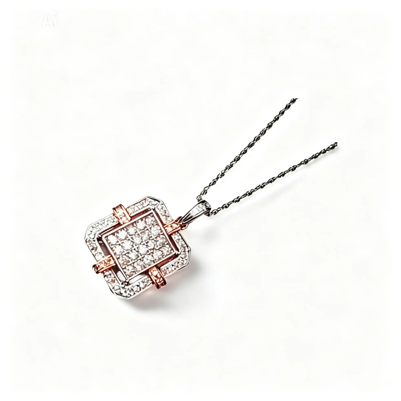 14K Pink Rose White Gold Pave Diamond Pendant Necklace