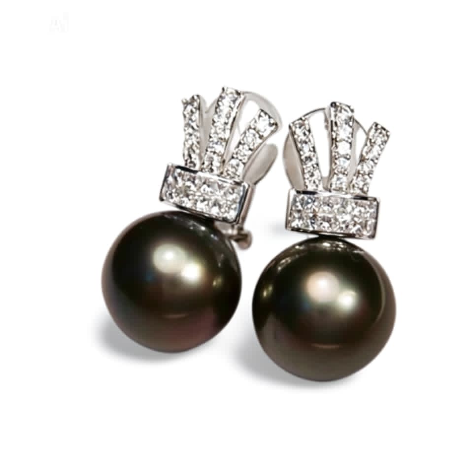 18K White Gold Tahitian Pearl Diamond Drop Earrings Estate