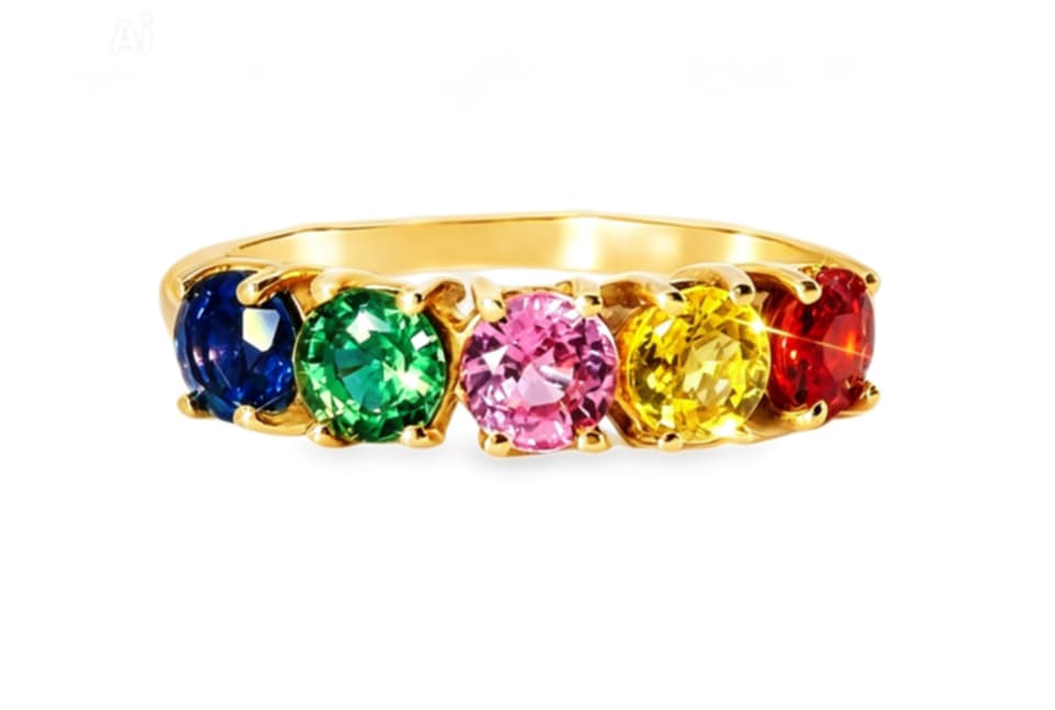 14K Yellow Gold Multi Color Sapphire Rainbow Band Ring