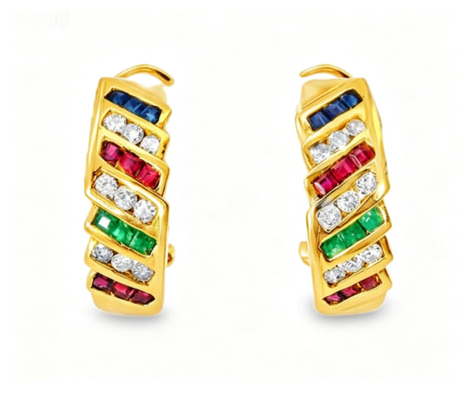 14K Yellow Gold Diamond Emerald Sapphire Ruby Hoop Earrings