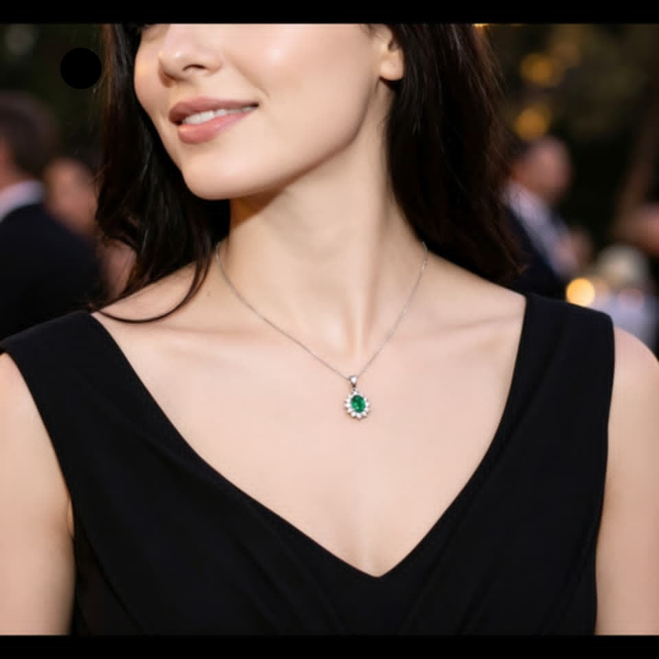 14K White Gold Oval Emerald Diamond Drop Pendant Necklace Estate