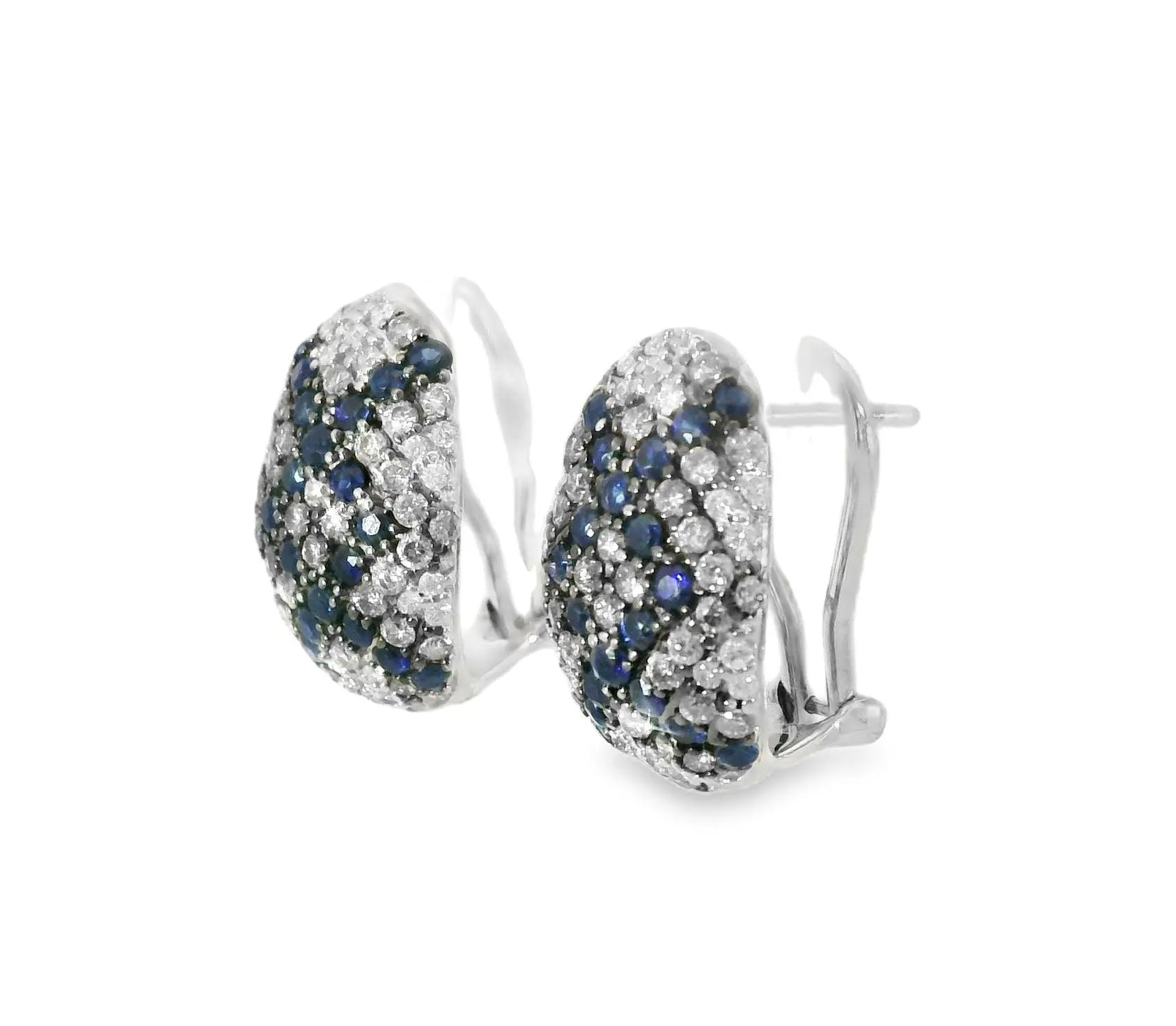 14K White Gold Champagne Diamond Sapphire Mosaic Huggie Earrings Estate