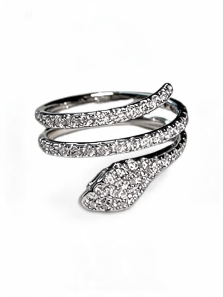 14K White Gold Diamond Snake Swirl Band Ring Emerald Eyes