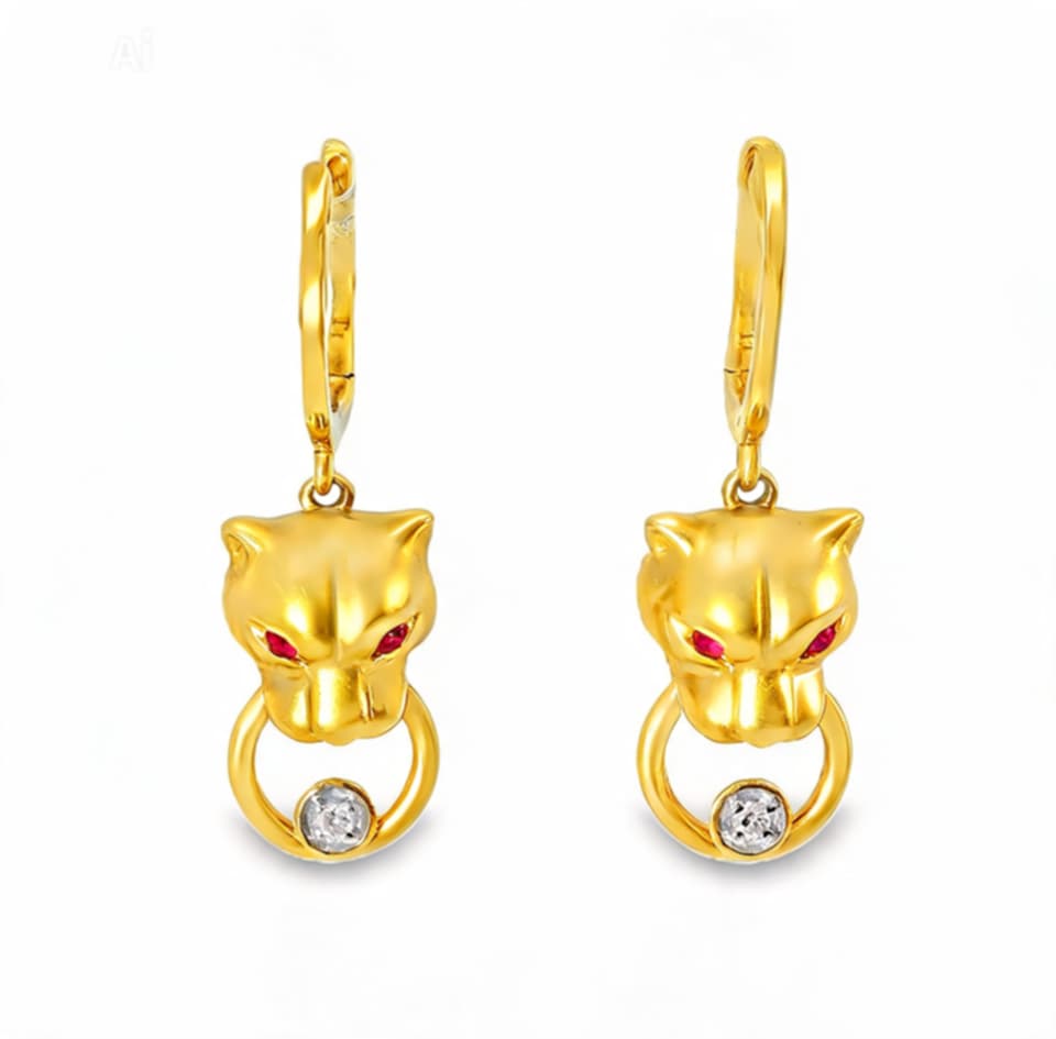 14K Yellow Gold Diamond Ruby Tiger Hanging Earrings Estate