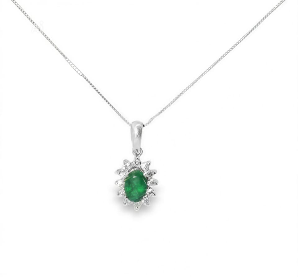 14K White Gold Oval Emerald Diamond Drop Pendant Necklace Estate