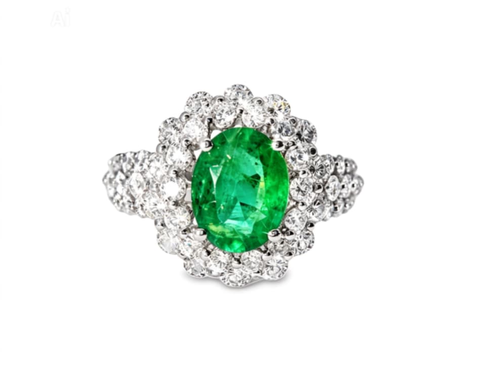 18K White Gold Solitaire Emerald Diamond Engagement Ring Estate