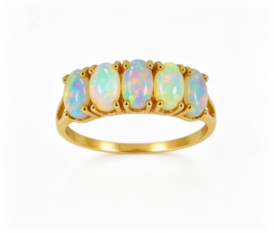 14K Yellow Gold Natural Opal Five Stone Band Ring