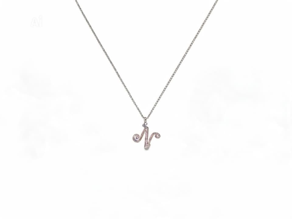 18K White Gold Diamond N Initial Pendant Slide Necklace Estate