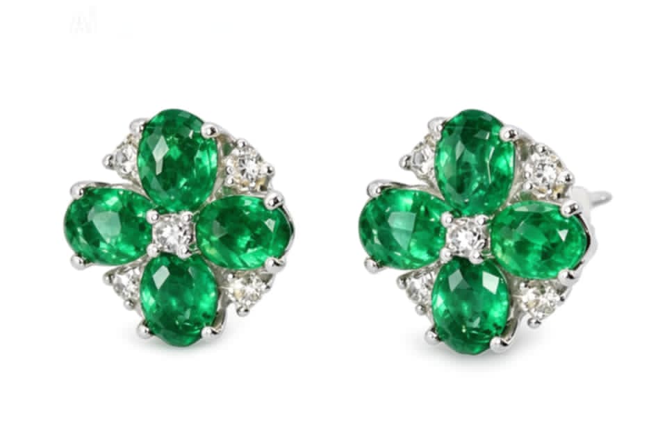 14K White Gold Emerald Diamond Flower Stud Earrings Estate Floral