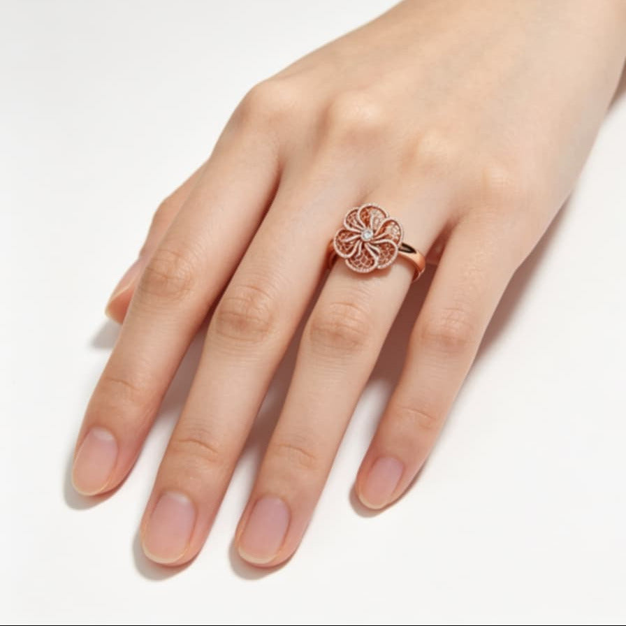 14K White Pink Rose Gold Diamond Filigree Floral Beehive Ring Estate