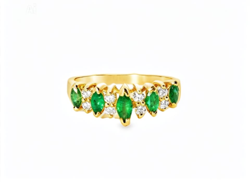 14K Yellow Gold Marquise Emerald Diamond Ring Estate by EFFY