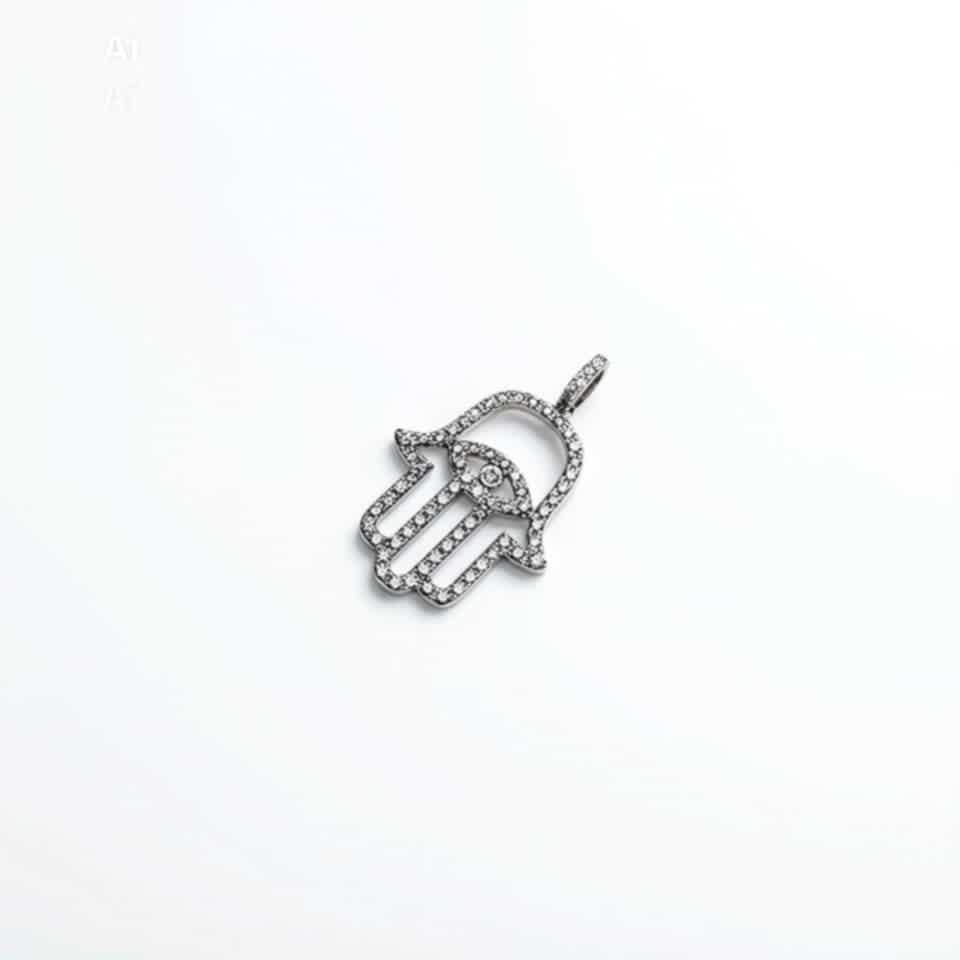 14K White Gold Diamond Hamsa Evil Eye Pendant
