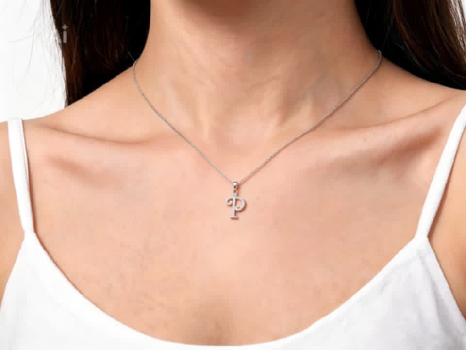 18K White Gold Diamond "P" Initial Pendant Slide Necklace Estate
