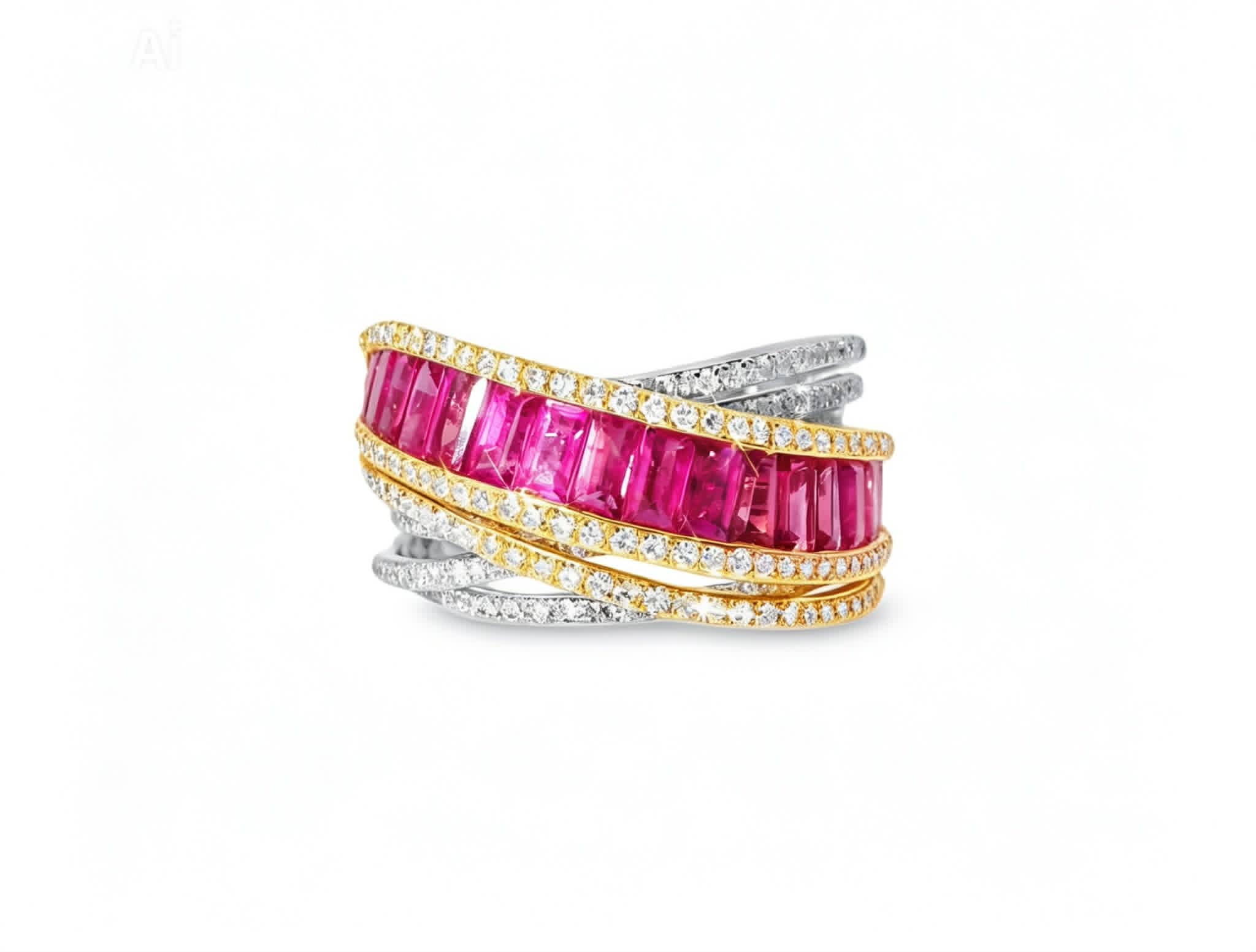 14K Two Tone Gold Baguette Ruby Diamond Wide Band Ring Estate by EFFY
