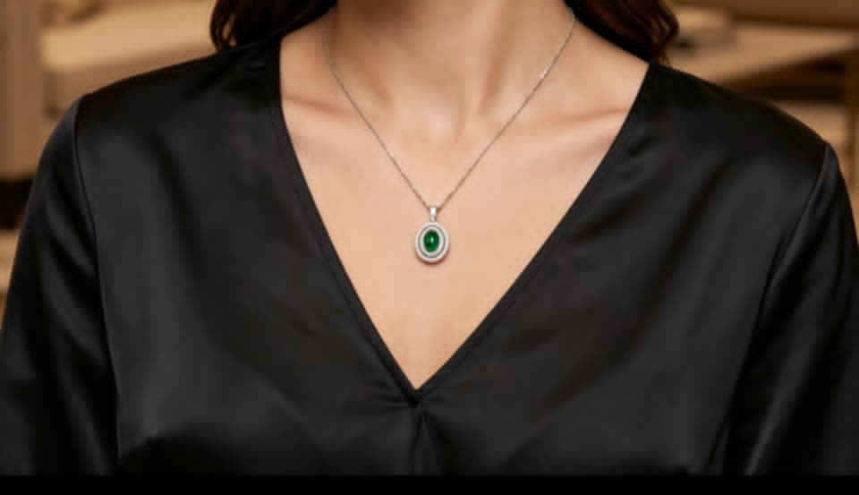 14K White Gold Oval Emerald Diamond Drop Pendant Necklace Estate