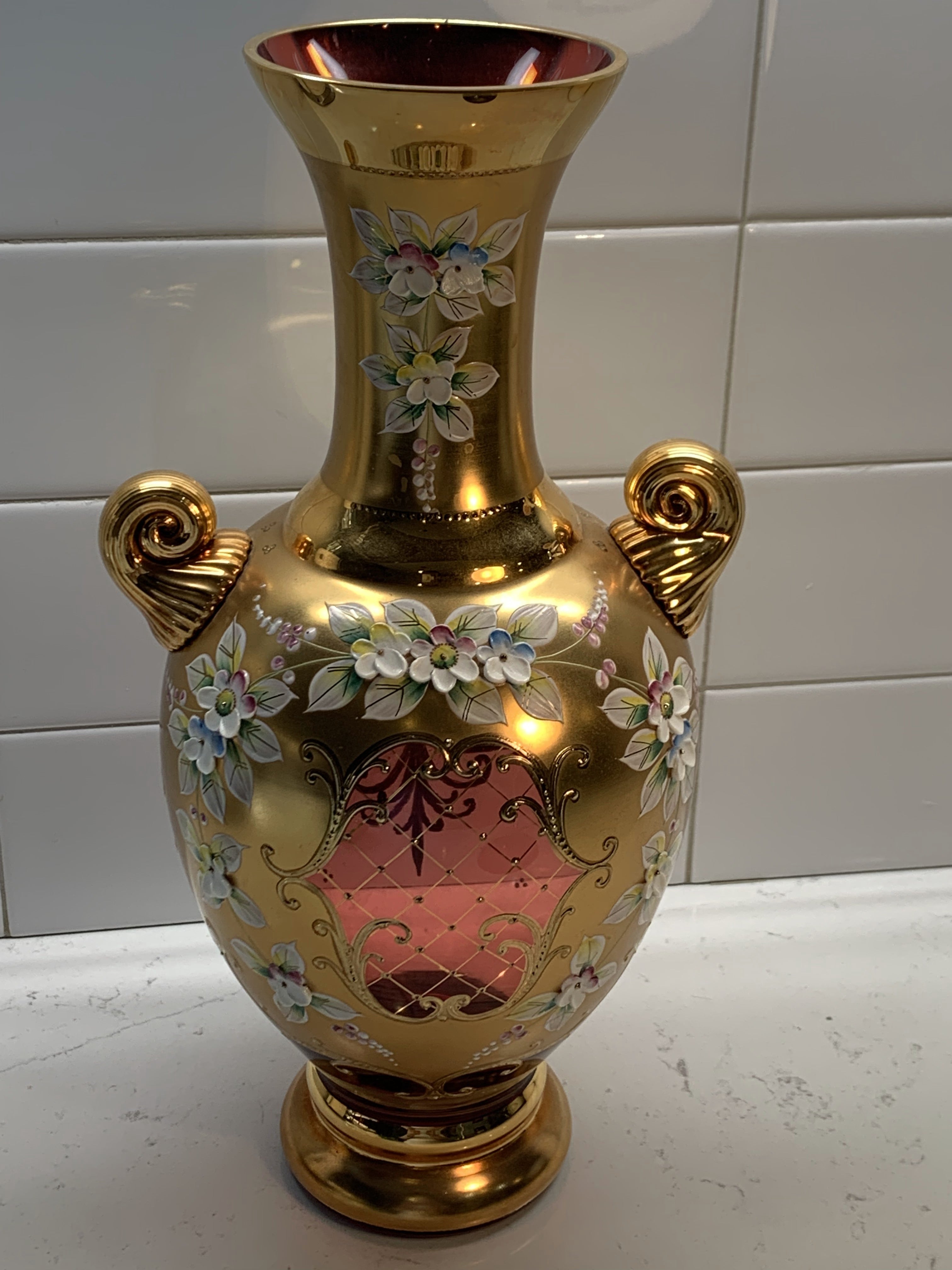Czech Bohemian Egermann 24K Gold Encrusted Enameled Red Art Glass Vase 12" - GGEMSonline
