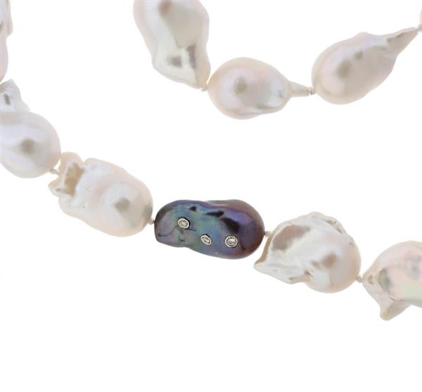 Fabulous 14K White Silver Gold Baroque Pearl Diamond Designer Long Wrap Around Necklace - GGEMSonline