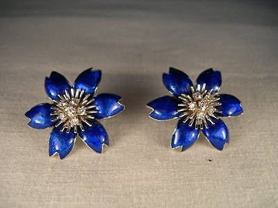 Magnificnet 18K White Gold Hidalgo Blue Enamel Floral Diamond Jacket Earrings - GGEMSonline