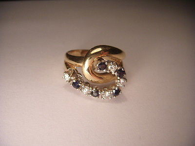 Beautiful Estate 14K Yellow Gold Diamond Sapphire Swirl Ring Band - GGEMSonline