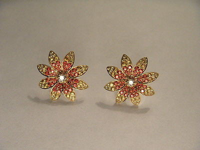 Estate 14K Yellow Gold Diamond Red Sapphire Flower Stud Earrings Studs - GGEMSonline