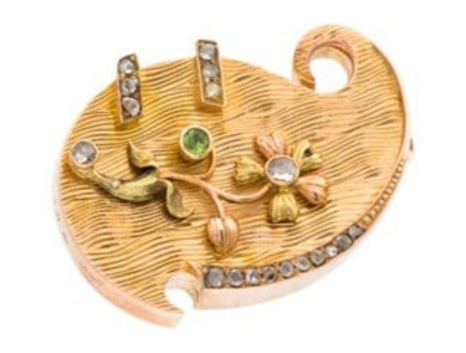 Antique 14K Yellow Rose Green Gold Diamond Garnet Brooch Pin - GGEMSonline